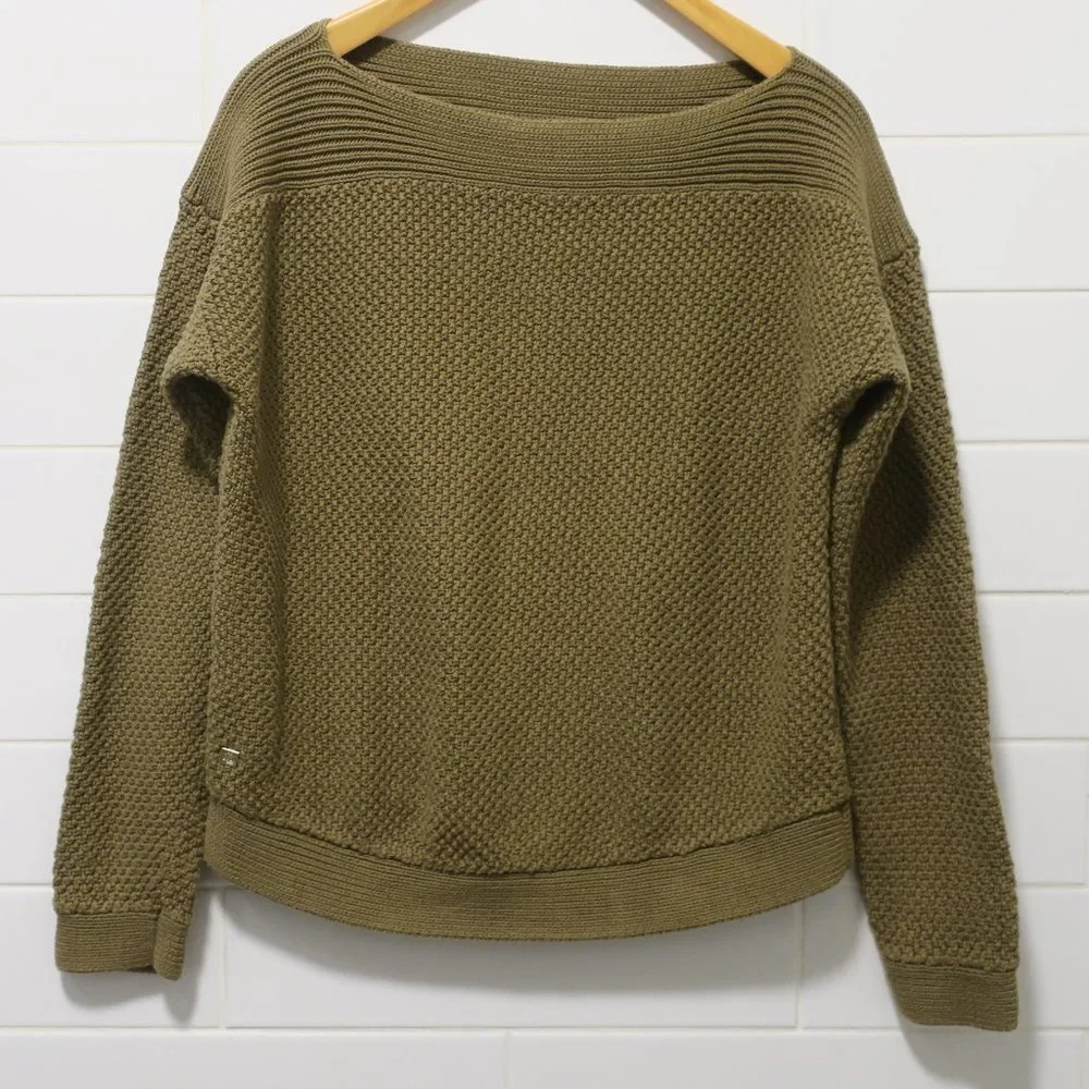LAUREN RALPH LAUREN waffle chunky knit sweater olive green boatneck sz Large plv - Picture 1 of 8